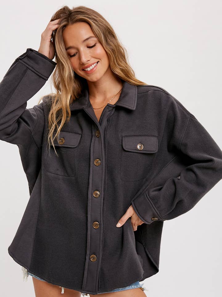 BRUSHED TERRY BUTTON UP SHACKET for wholesale by Bluivy