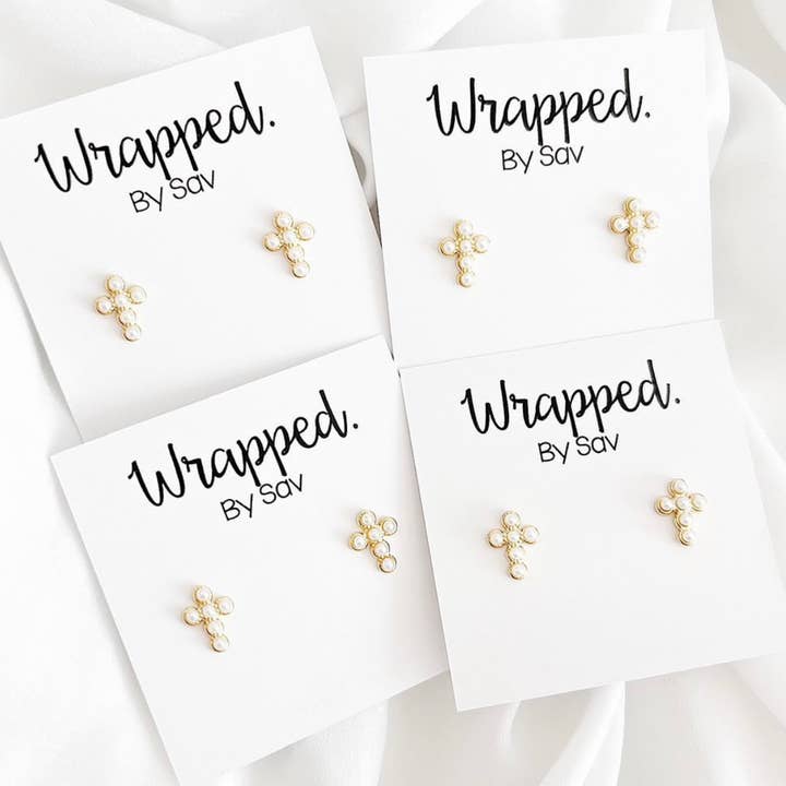 Pearl Cross Studs for wholesale by Wrapped. By Sav