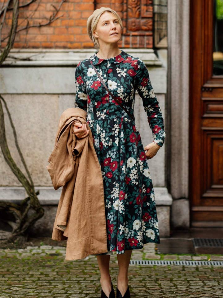 Night Garden Classic – Midi Linen Dress with Peter Pan Collar for wholesale on Faire