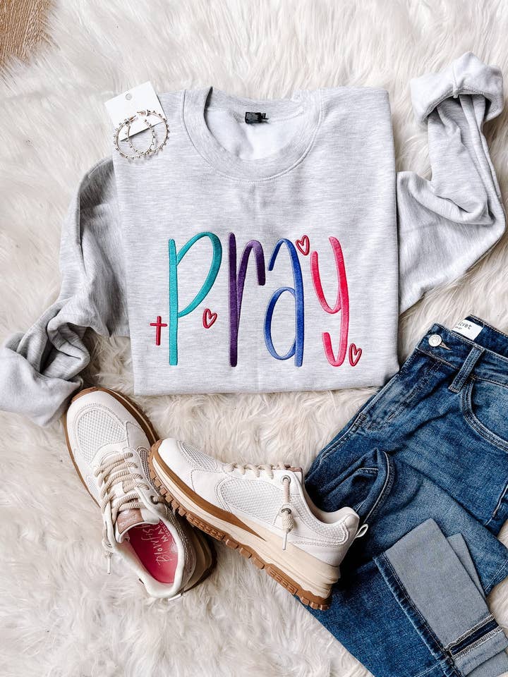 PRAY Embroidered Sweatshirt - Ash Grey for wholesale by Emerlie Love