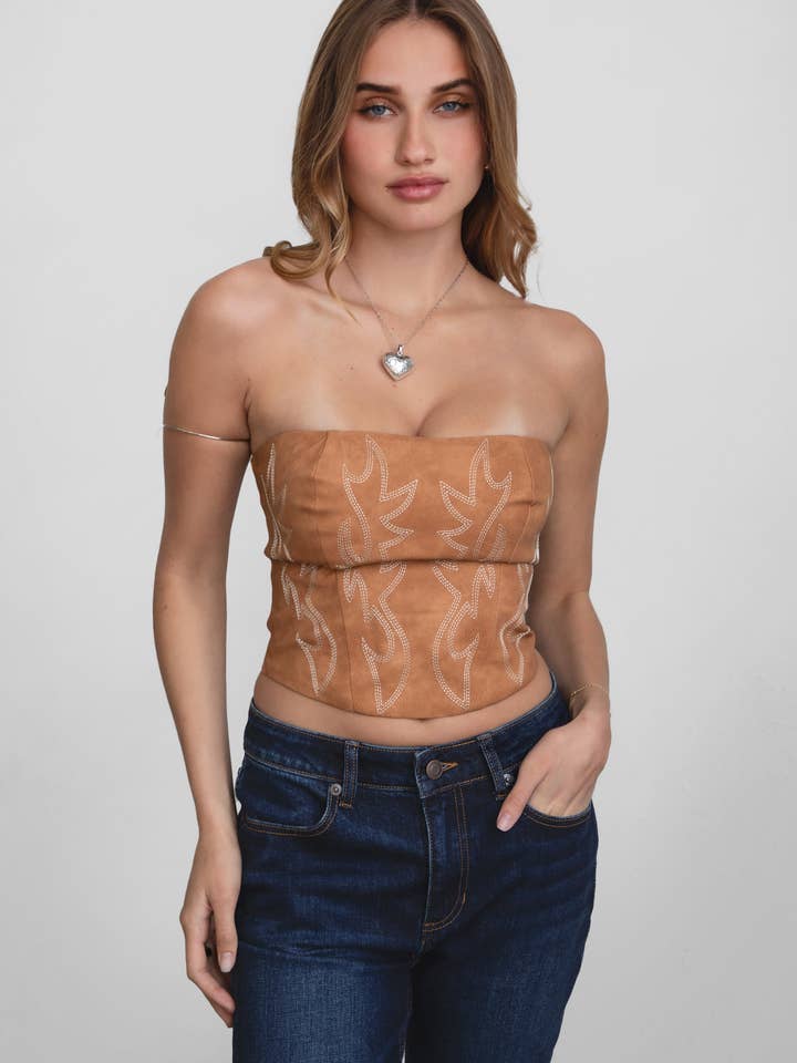 TICTOC - Wholesale Korset - Dames - BECKEE Vegan Leren Geborduurd Western Corset Top
