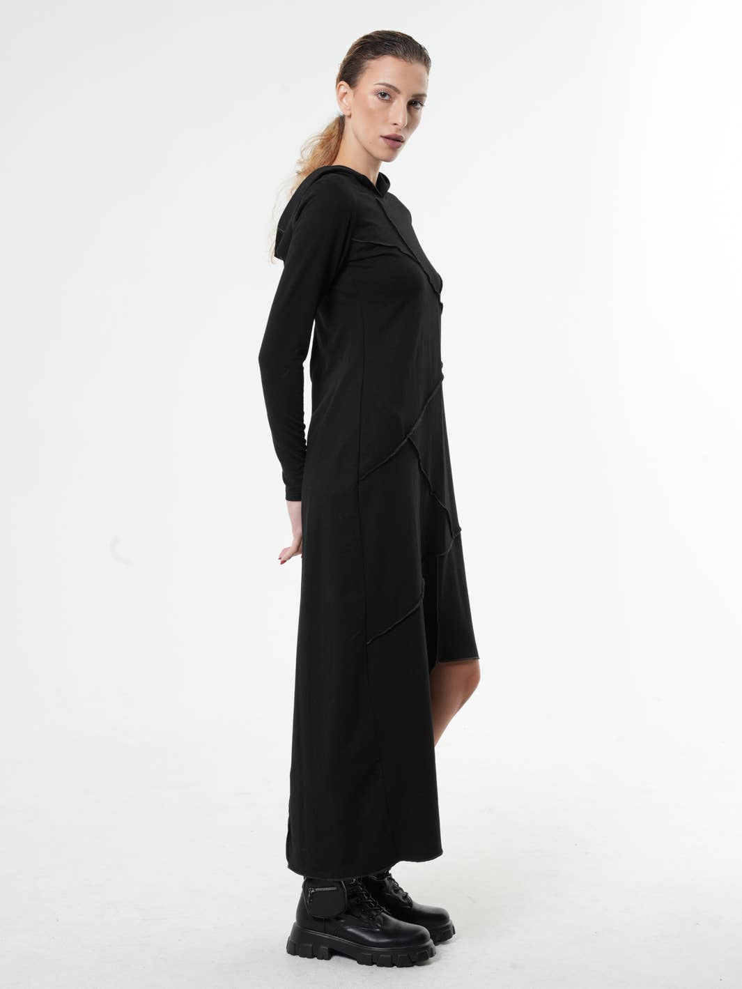 Metamorphoza - Wholesale Dress - Women's - Asymmetric Hooded Black Dress4