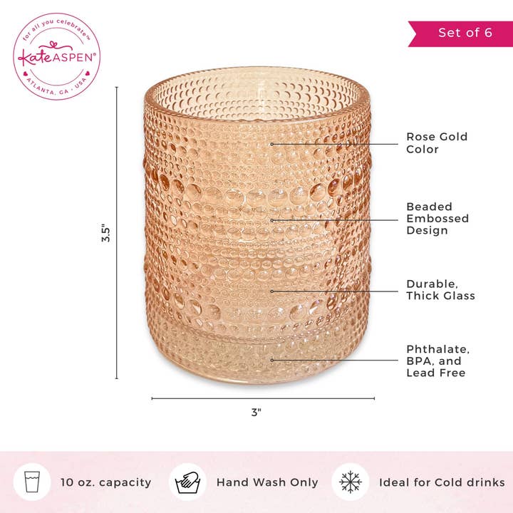 Kate Aspen - Wholesale Drinking Glass/Cup - 10 oz Beaded Rose Gold Old Fashion Drinking Glasses (6pcs)