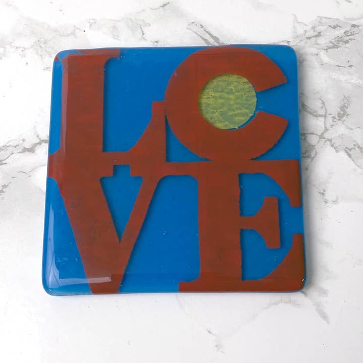 LOVE Colorado Flag Fused Glass 4" Single Coaster for wholesale by Kiku Handmade | Contemporary Fused Glass Home Goods