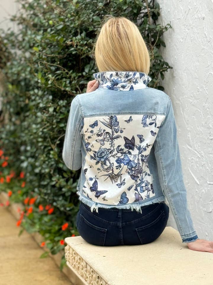 The Light Denim Jacket / Adore Blue Butterflies for wholesale by Stacy Bradley Design