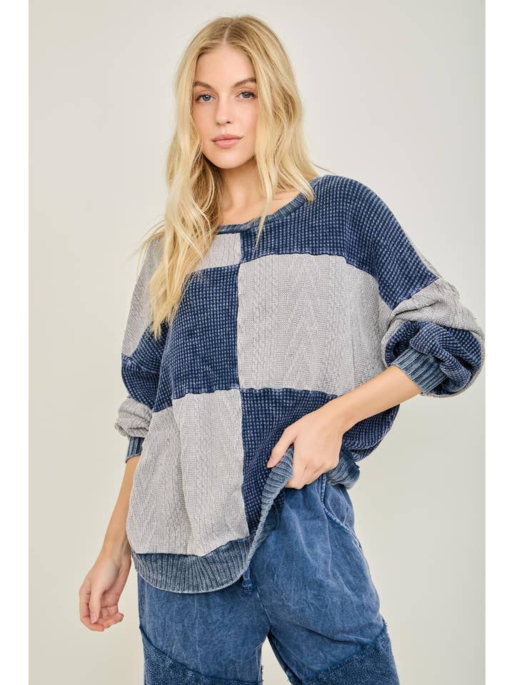 J.Her - Wholesale Knit Sweater - Women's - Mineral Washed Fall Winter Boho block Sweather Top HT679114