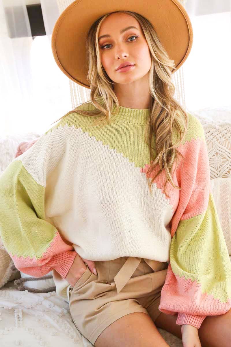 Vine & Love - Wholesale Knit Sweater - Women's - Color Block Round Neck Chunky Knitted Sweater Top VT8101722