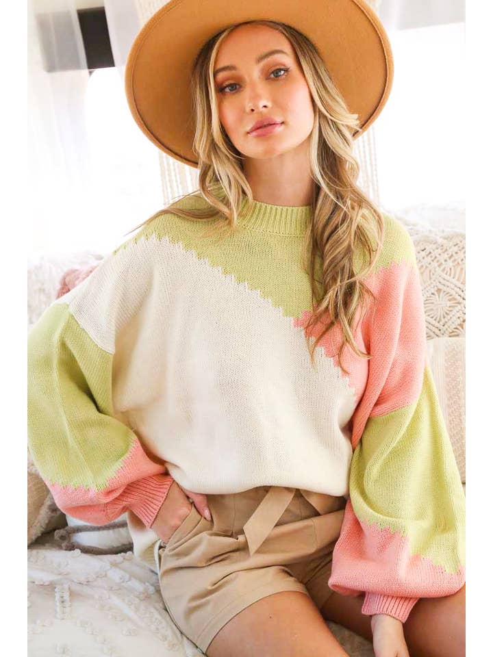 Vine & Love - Wholesale Knit Sweater - Women's - Color Block Round Neck Chunky Knitted Sweater Top VT8101722