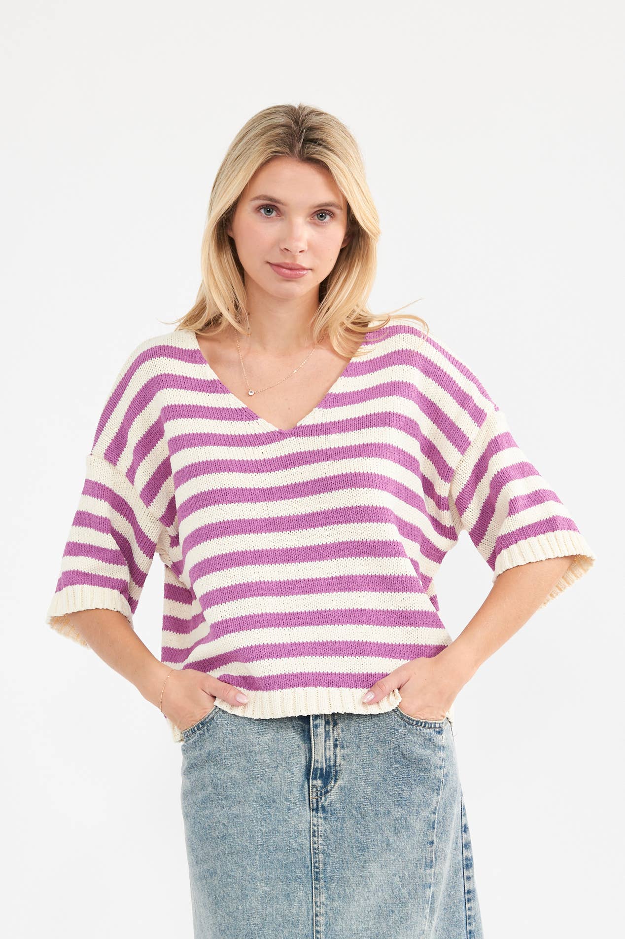 Newbury Kustom - Wholesale Knit Top - Women's - 11300-Striped Short Sleeve V-Neck Knit Top4