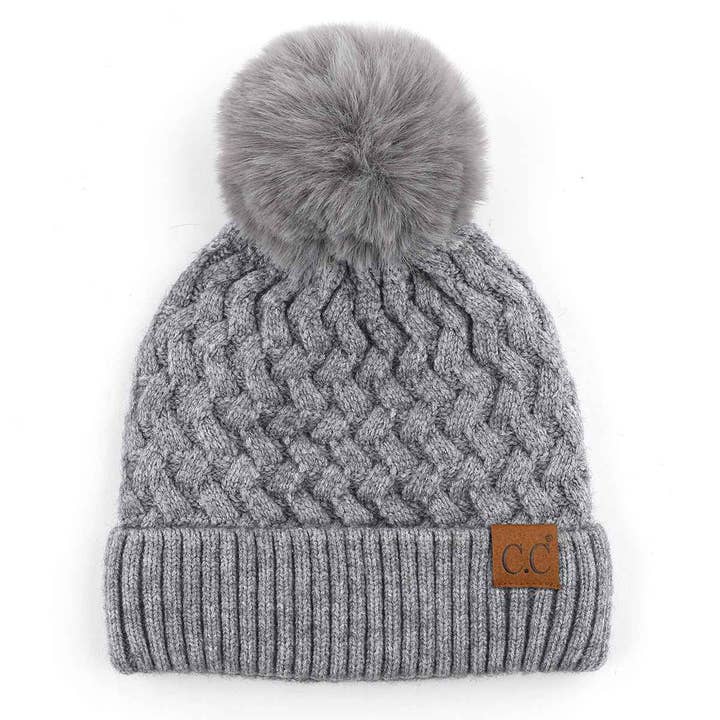 MiMi Wholesale - Wholesale Beanie - Women's - HAT3861 Kayley Woven Cable Knit Cuffed Pom Beanie