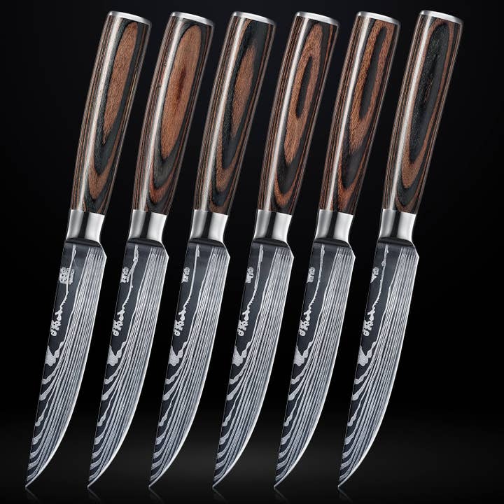 Professional Steak Knife Set, Damascus Pattern + Wood Handle for wholesale by Senken Knives