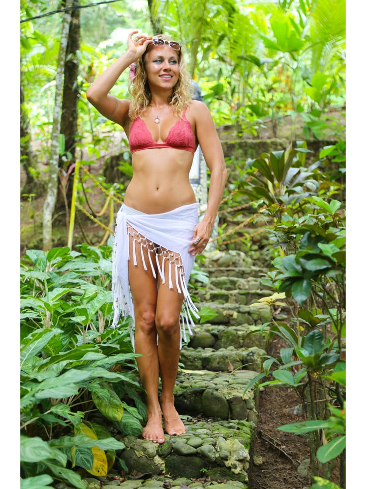 1 World Sarongs - Wholesale Swim Cover Up - Women's - Triangular Sheer Sarong with Fringed with Shells in White1