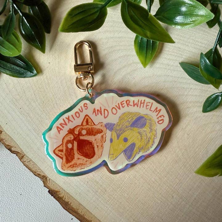 Anxious Overwhelmed Acrylic Keychain with Racoon & Possum for wholesale by Mal.inky