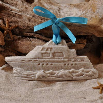 Yacht with Jumping Dolphins in the Waves Sand Ornament for wholesale by The Sand Store by Creative Artworks, Inc.
