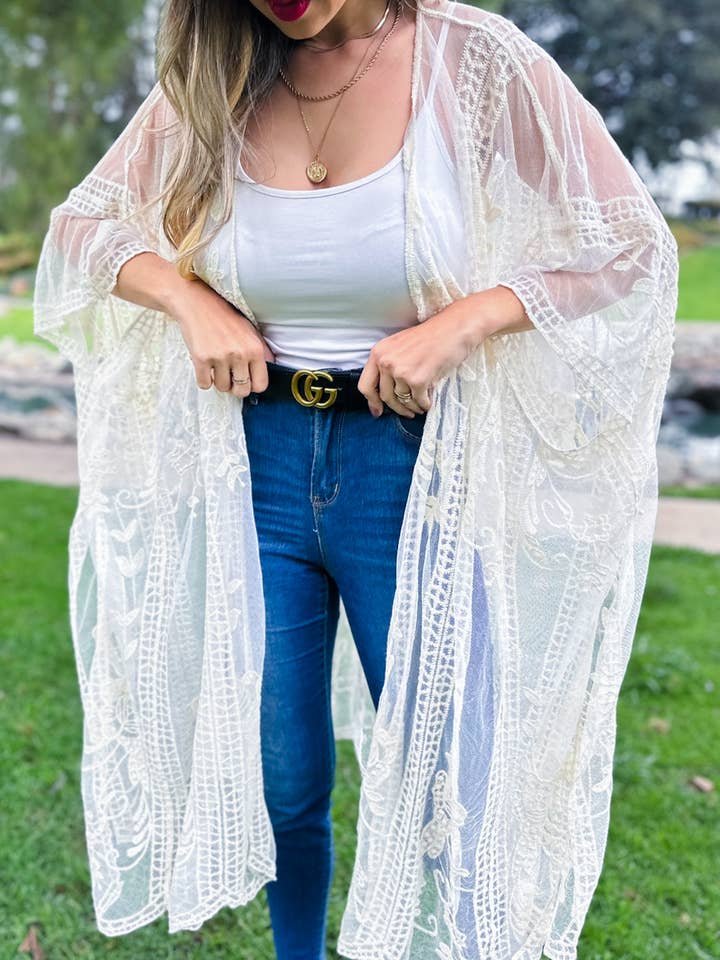 White Floral Lace Sheer Dressy Kimono Cover Up for wholesale by AMOLI