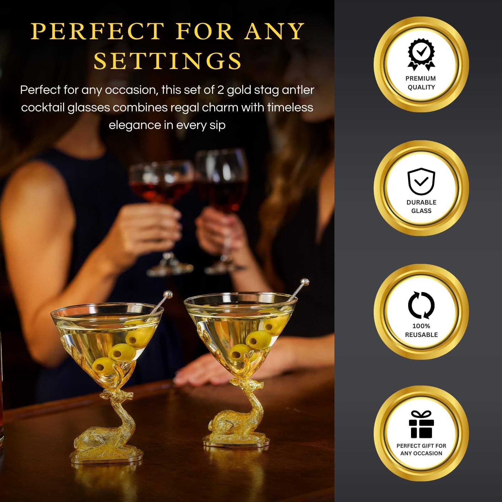 The Wine Savant /  Khen Glassware - Vente Verres à cocktail/alcool - Ensemble de 2 verres à cocktail avec bois de cerf, design cerf doré3