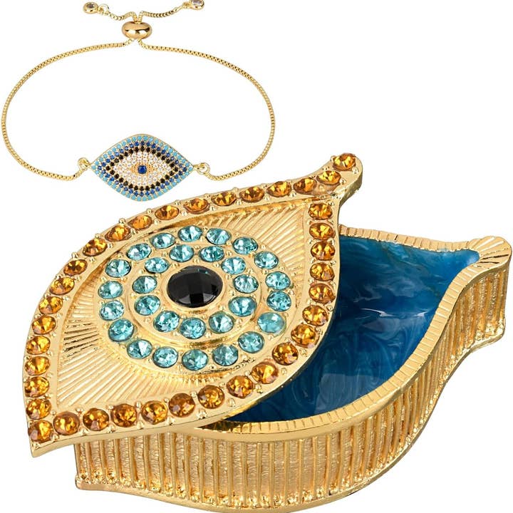 KENZY GIFTS Evil Eye Jewelry Box - Handmade Gold Keepsake Box with Magnetic Closure & Crystals - Decorative Storage for Bracelets, Necklaces, Accessories - Evil Eye Decor (Gold box with bracelet) for wholesale by Kenzy Gifts