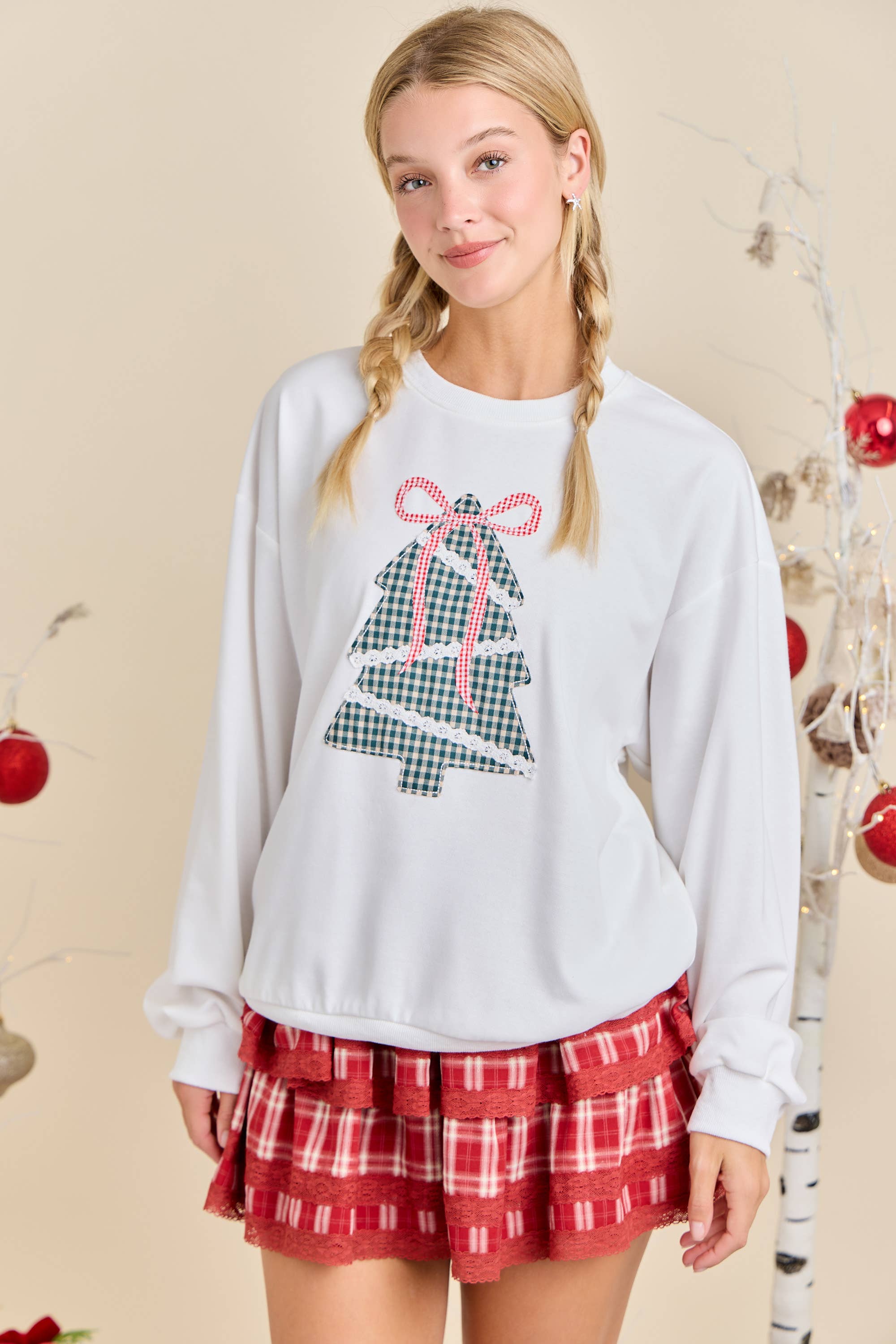 WHITE Holiday Plaid Tree Sweatshirt – Festive Cozy Knit for wholesale on Faire9
