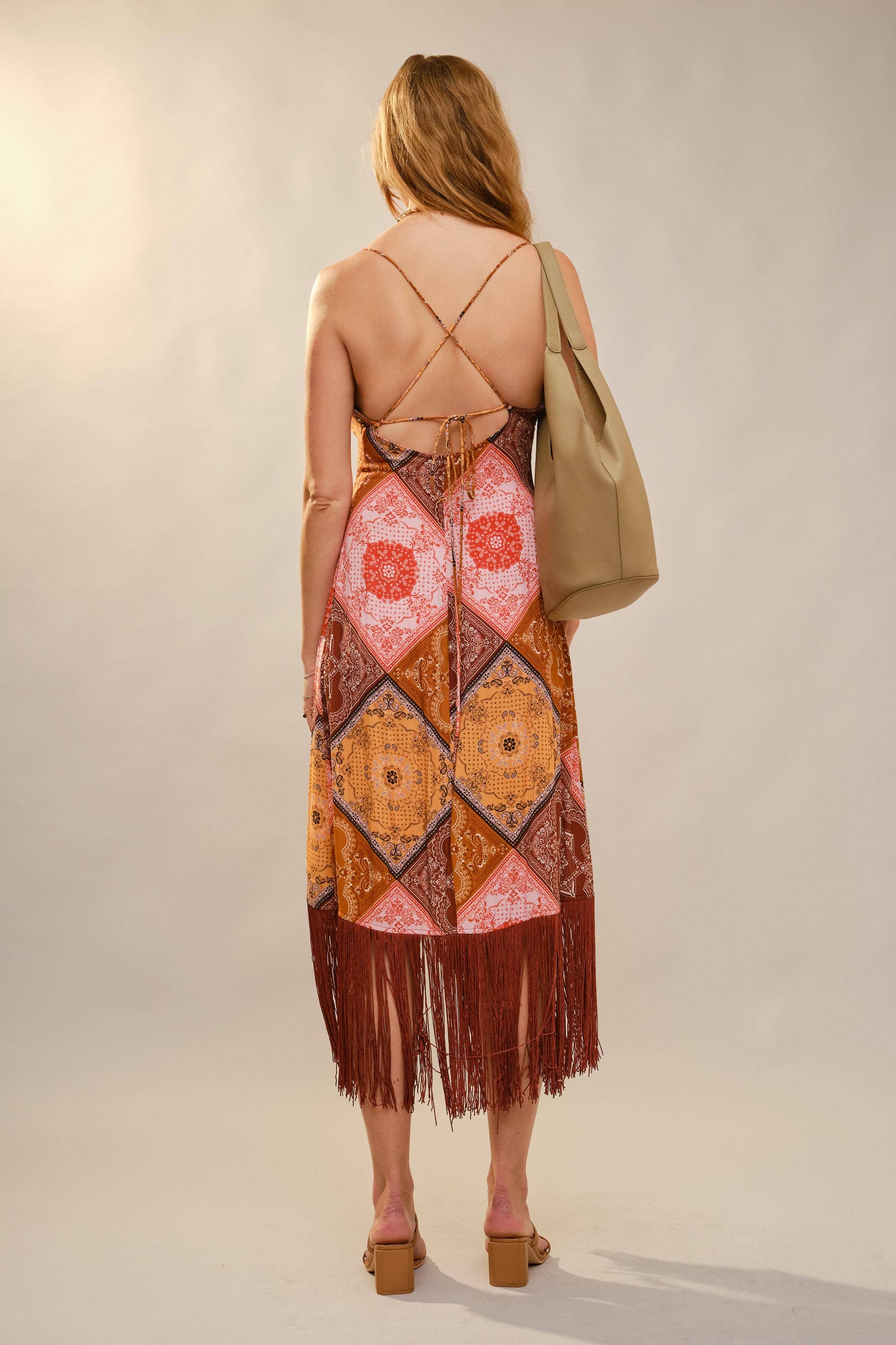 MULTI 37146D Patchwork Asymmetrical Fringe Hem Maxi Dress for wholesale on Faire7