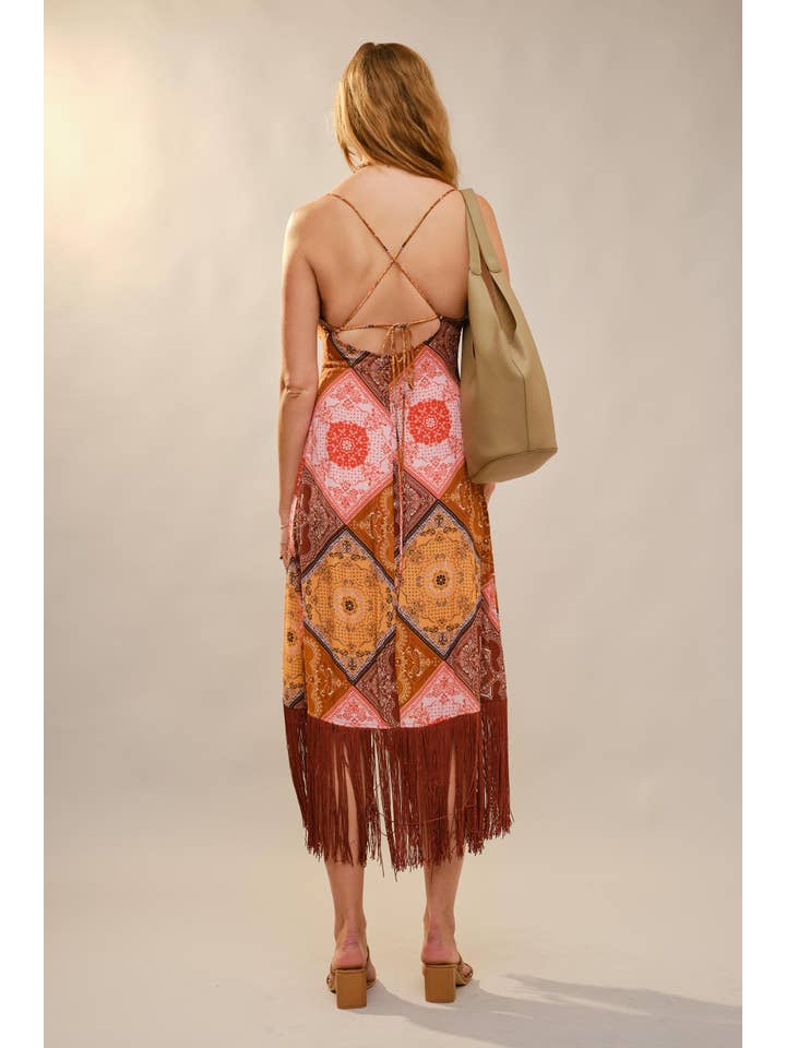 MULTI 37146D Patchwork Asymmetrical Fringe Hem Maxi Dress for wholesale on Faire7