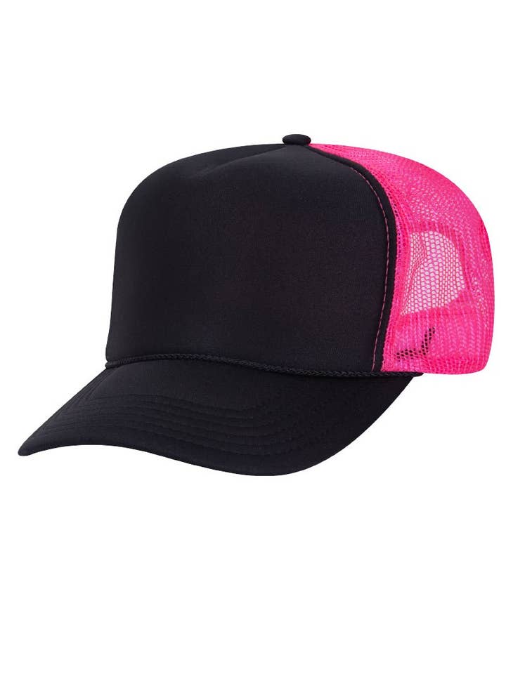 OTTO Black and Neon Pink Foam Front High Crown Back Split Color Trucker Hat for wholesale by Wholesale Accessory Market
