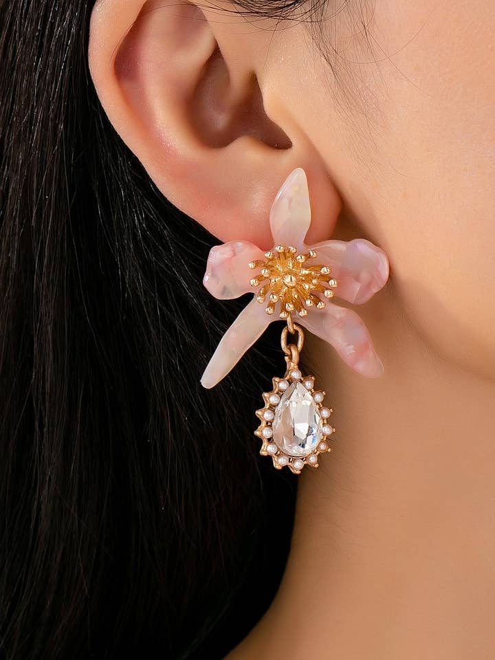 RHINESTEONE DROP FLORAL PINK TORT EARRINGS | 80E61428 for wholesale by JOSSLYN by wall to wall