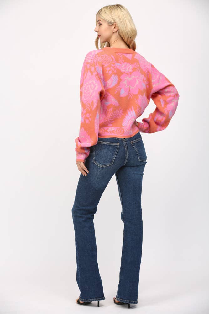 ORANGE MULTI FLORAL PATTERN BUTTON CLOSURE CROP CARDIGAN FW15451 for wholesale on Faire9