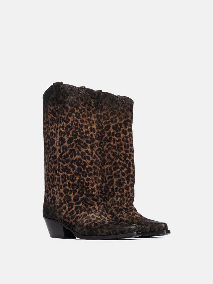 METISSE - Wholesale Cowboy Boots - Women's - Leopard print suede Texan boots DX9091