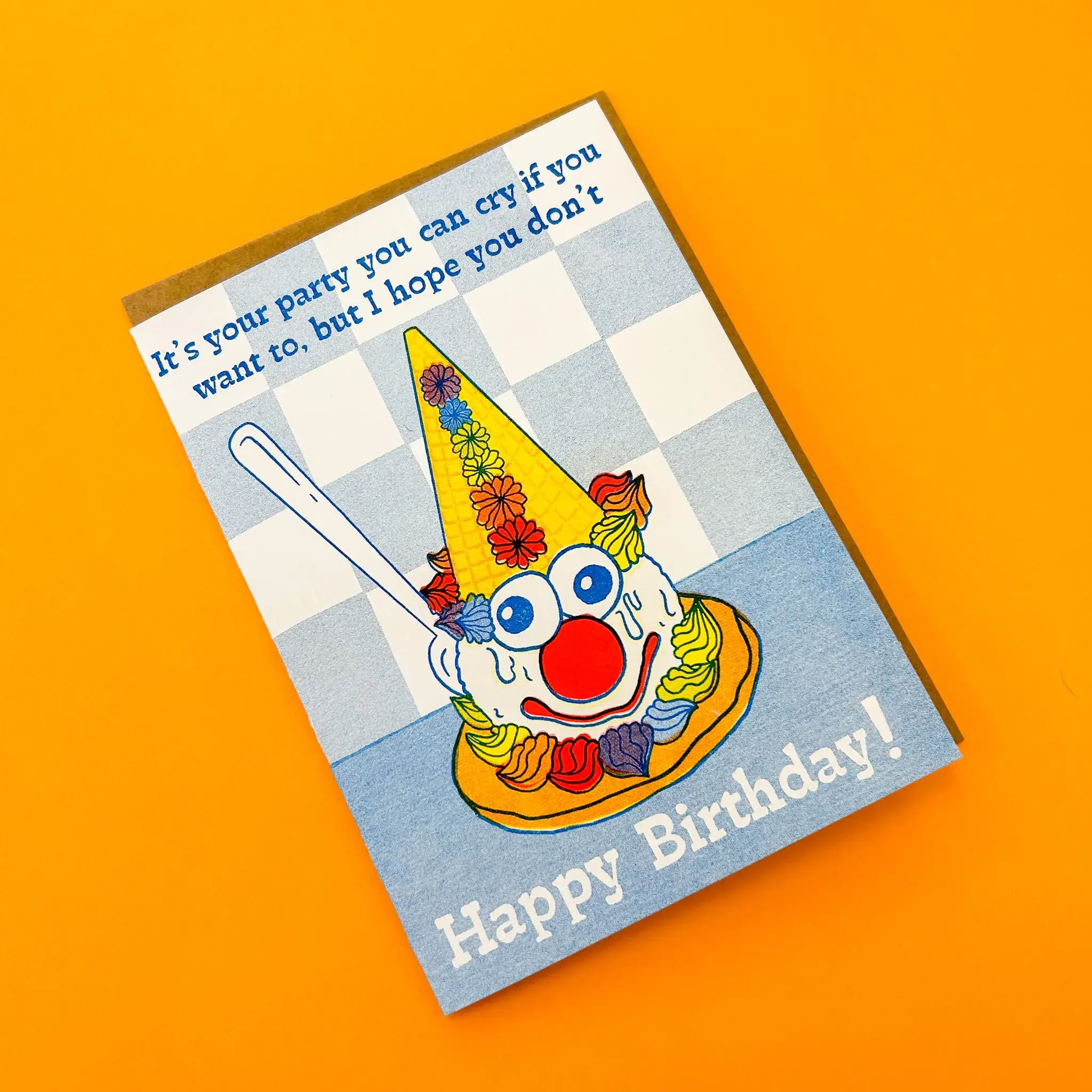Foolish Designs - Wholesale Birthday Card - Crying Clown Cone Celebration Risograph Greeting Card2