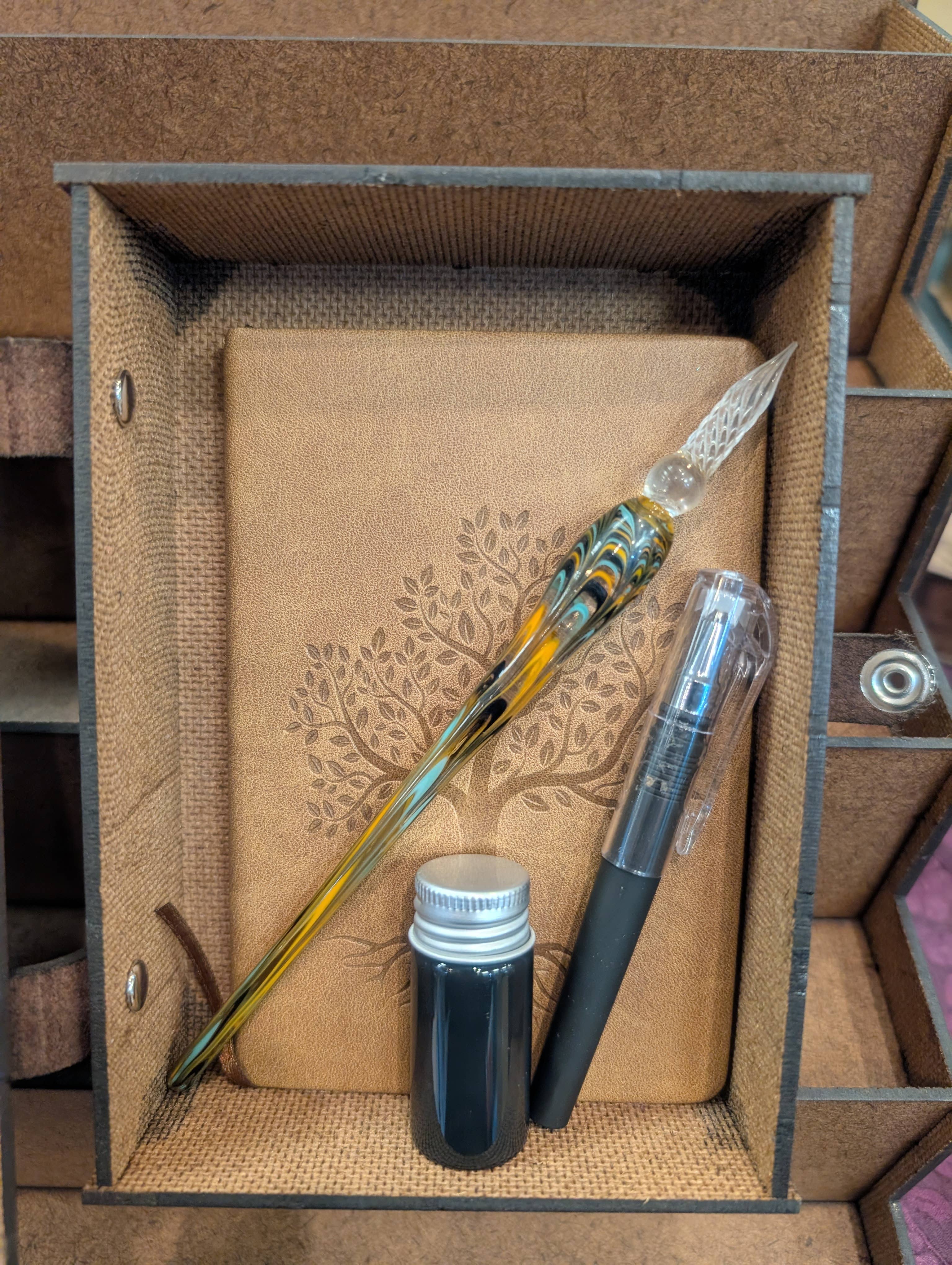 The Nerdy Wolf - Wholesale Journal/Diary - Journal Kit with Glass Dip Pen, Ink, and Wood Gift Box4