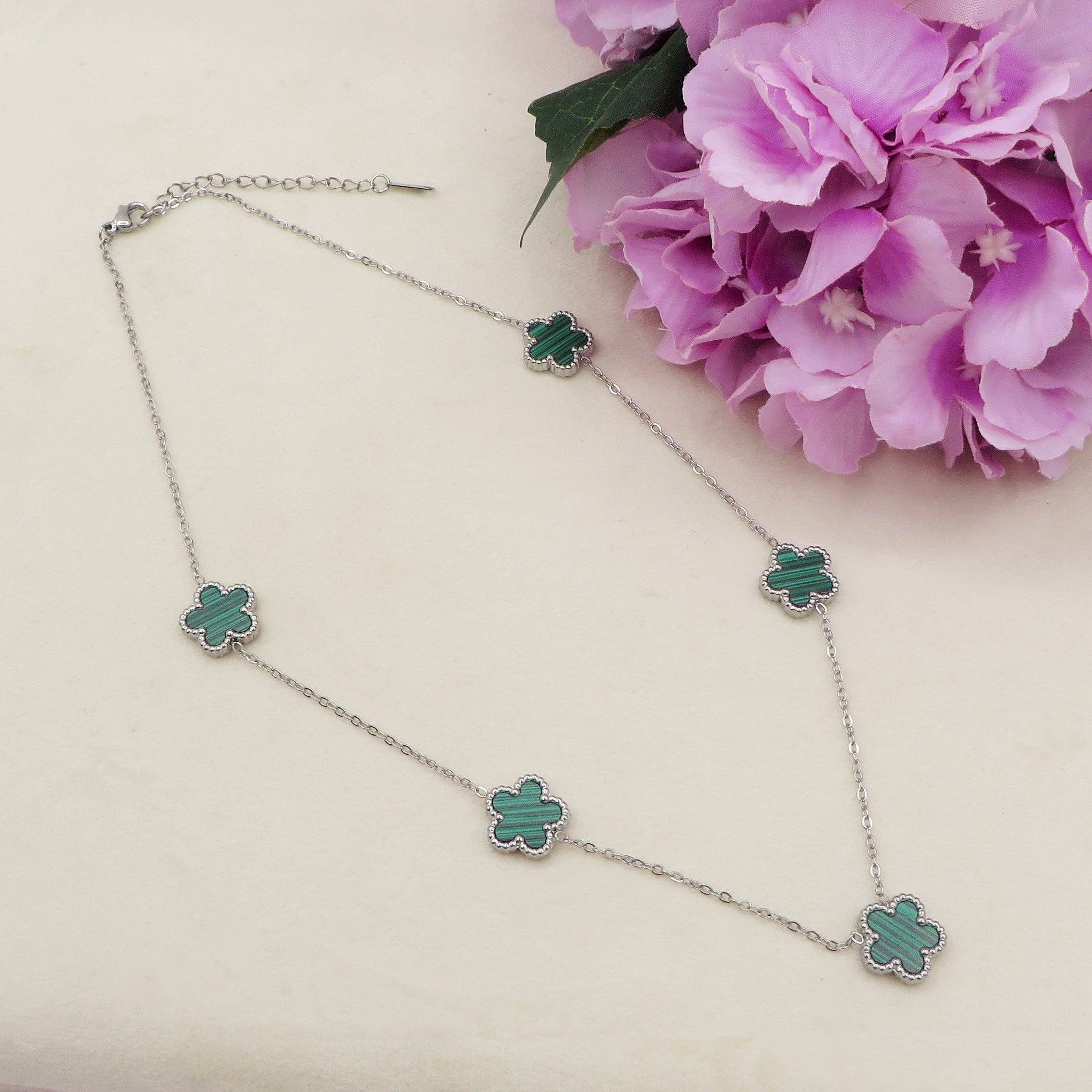 Daemon srls - Vendita all'ingrosso Collana con ciondolo/pendaglio - LILY grandi Fiori ARGENTO 5 fiori ACCIAIO INOSSIDABILE ~ Collana fiori in madreperla0