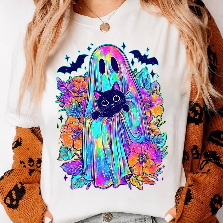Camiseta Retro de Fantasma y Gato de Halloween Neón, Sudadera de Fantasma para venta al por mayor de NVC Ecommerce LLC