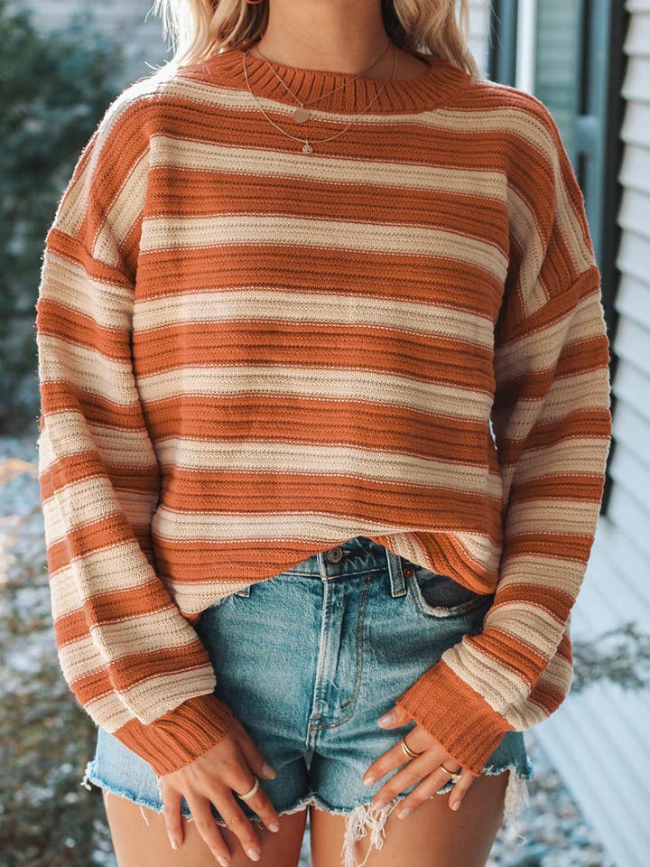 Orange Stripe Ribbed Trim Drop Shoulder Sweater for wholesale by Lovesoft