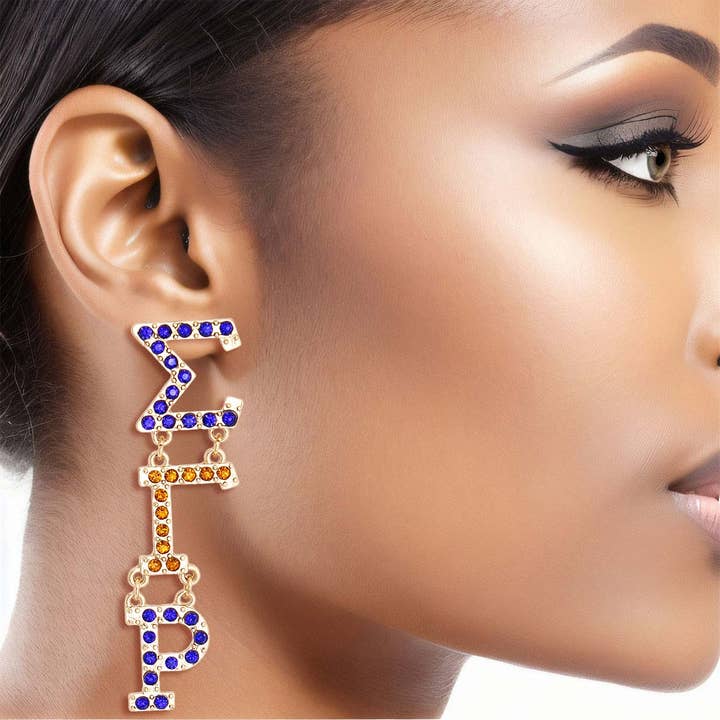 Gold Blue Sorority Dangle Studs for wholesale on Faire