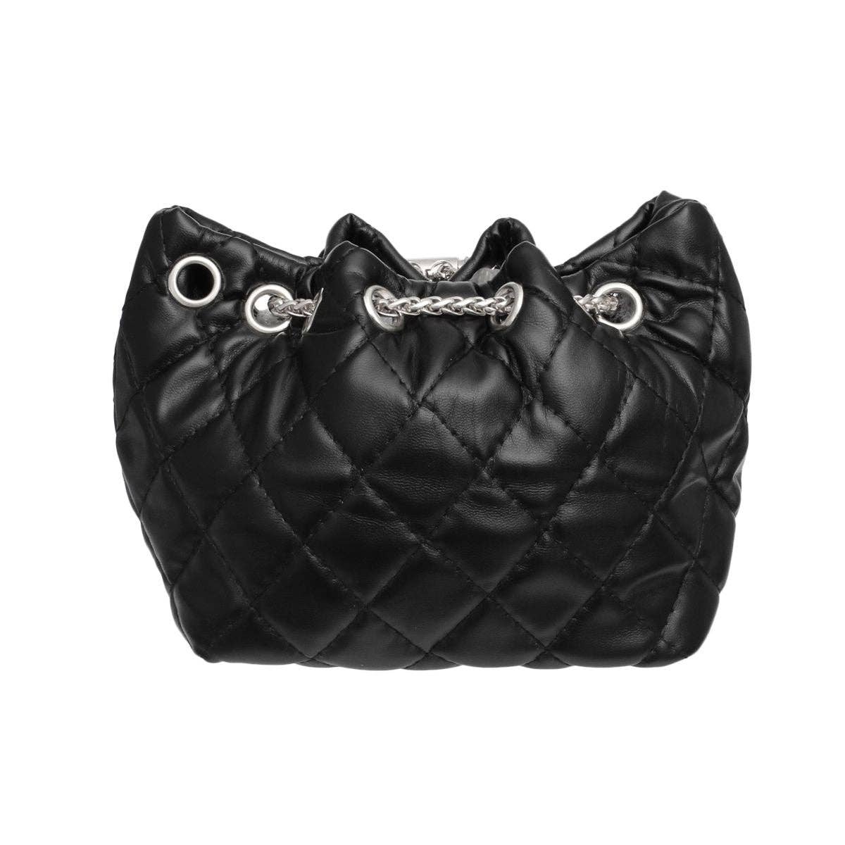 Mini Bucket Black Quilted Silver Camellia Luxe Bag for wholesale on Faire2