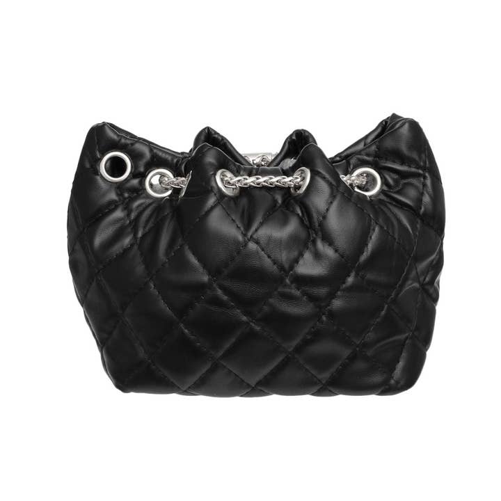 Mini Bucket Black Quilted Silver Camellia Luxe Bag for wholesale on Faire2