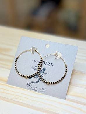 Black & Gold Striped Boho Seed Bead Hoop Earrings - Lightweight Miyuki Glass for wholesale by Lady Bird Market