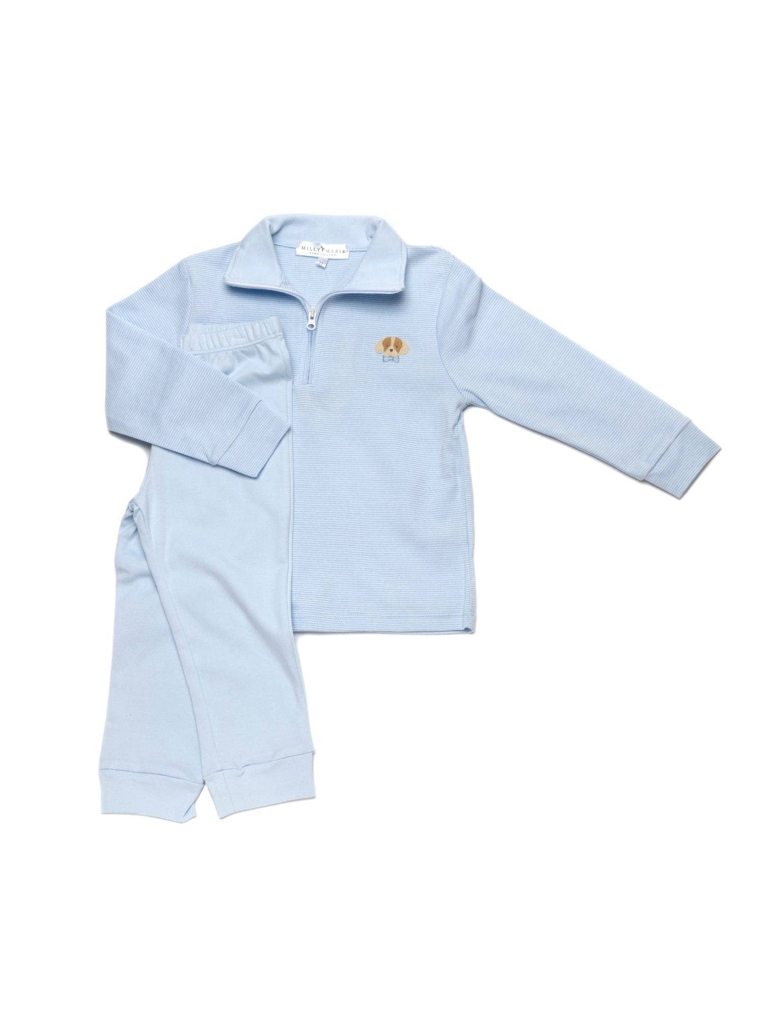 Spotted Puppy Half Zip Baby Pullover Set | Lt Blue Mini Stripe for wholesale on Faire3