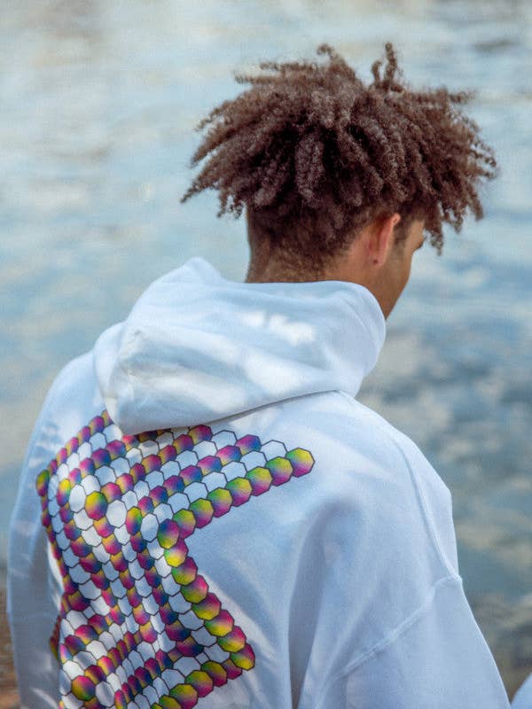 Hoodie in White with Zig-Zag Geometric Logo Print for wholesale by Dream But Do Not Sleep