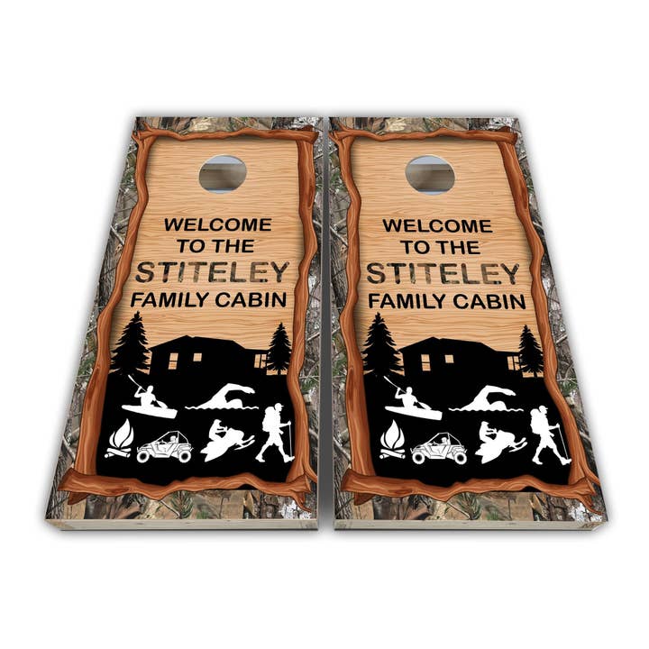 Seu Nome Cabine Camping Caça Cornhole Wraps - Cornhole Wraps - Vinyl Wrap - Conjunto Laminado por atacado de Cornhole Stop, LLC