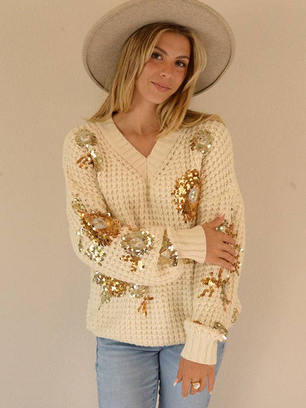 Ambiente - Wholesale Knit Sweater - Women's - V-NECK TEXTURED SWEATER WITH SEQUIN APPLIQUES - W2309JO279184