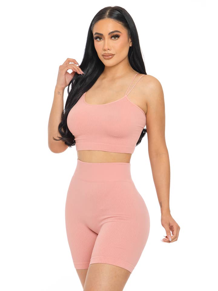 Lime All the Time - Wholesale Activewear Set - Women's - 2 Pcs Double Spaghetti Strap Tank Top and Biker Shorts Set