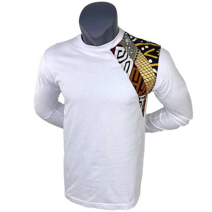 Men's African Print Shoulder Detail T-Shirt | Brown, Yellow, Gold Black Tee | White African T-Shirt | Male - UNISEX African Shirt |Cloth & Cord for wholesale by Cloth & Cord, LLC