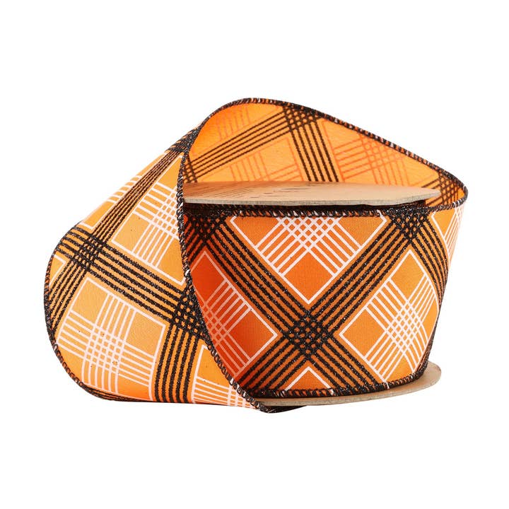 2 1/2" Wired Ribbon | Black/White Bias Plaid on Orange | 10 Yard Roll
for wholesale by LA Ribbons Wholesale