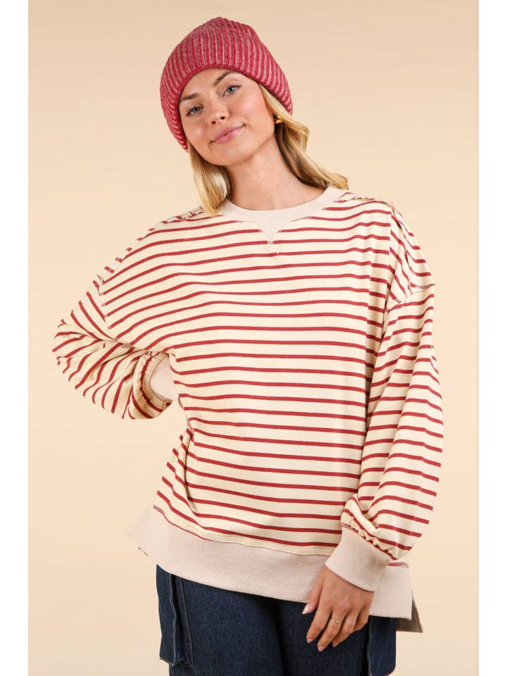 VERY J - Wholesale Knit Top - Women's - NT11927-Stripe Comfy Casual Oversized Knit Top