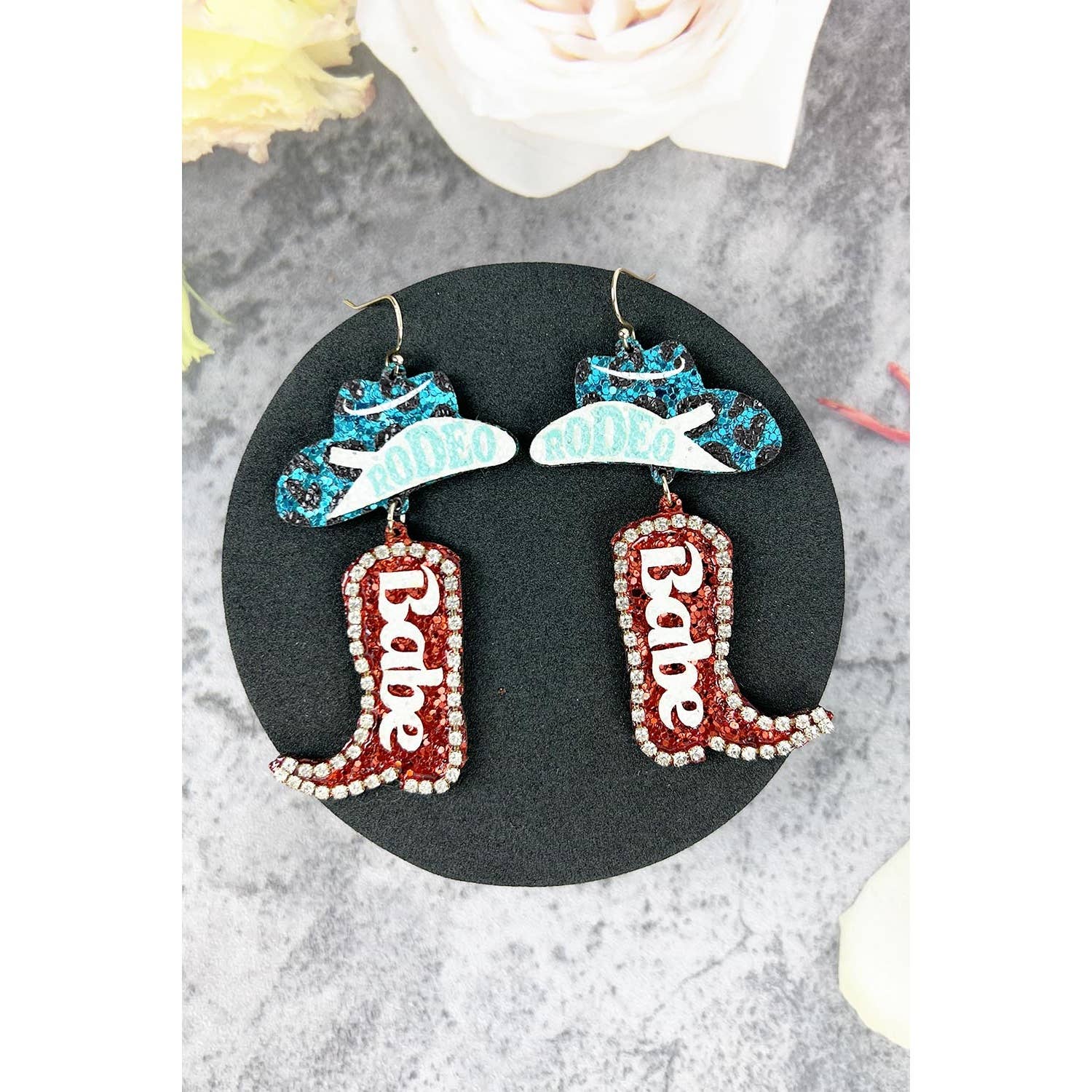 JHP Collection - Wholesale Dangle Earrings - RODEO BABE HOOK EARRING OF GLITTER COW BOY HAT AND BOOTS
10