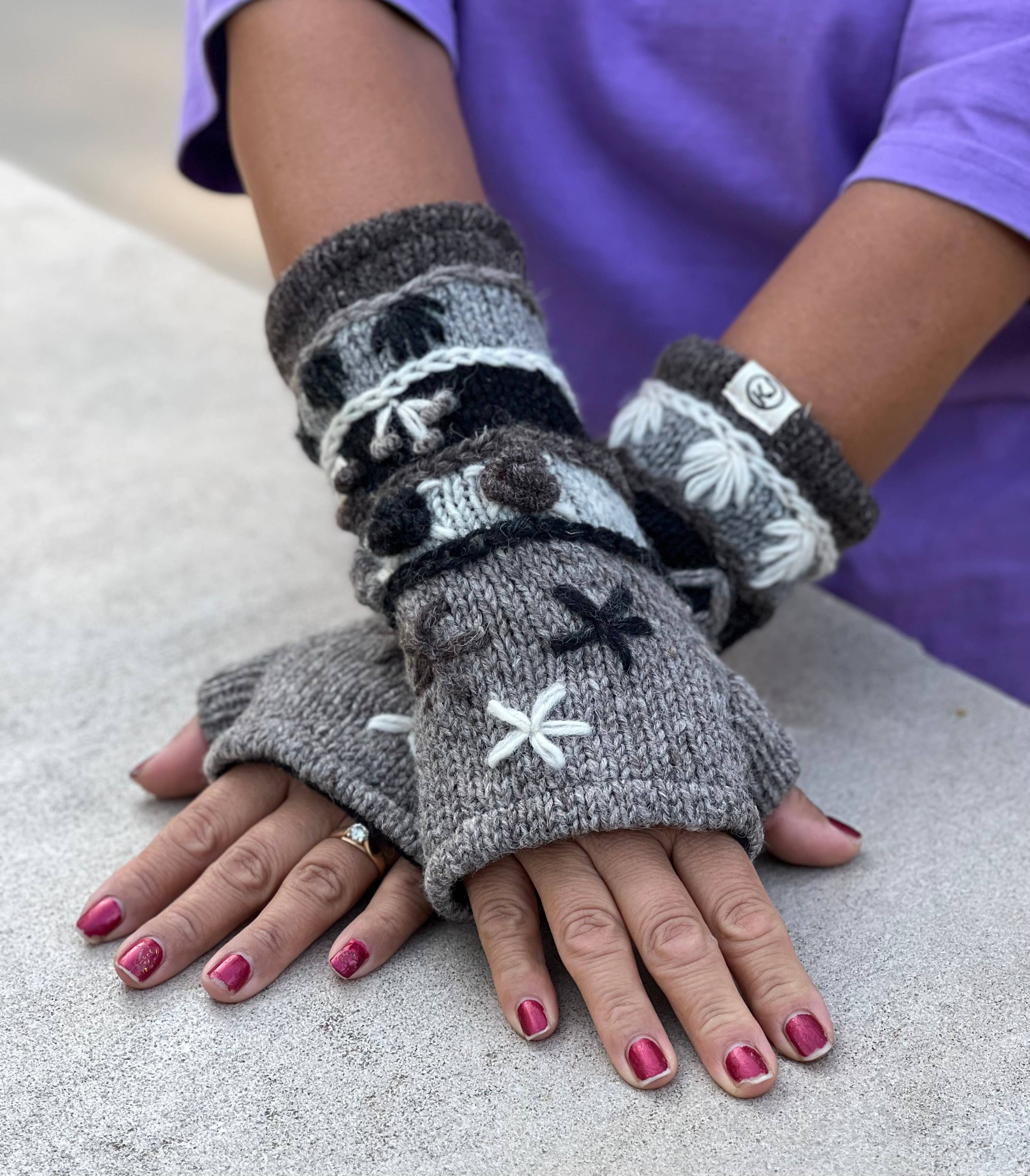 Lungta Imports – Engroshandel Handsker - Dame – Fingerløse, håndstrikkede uldhandsker med fleecefor - håndvarmer50