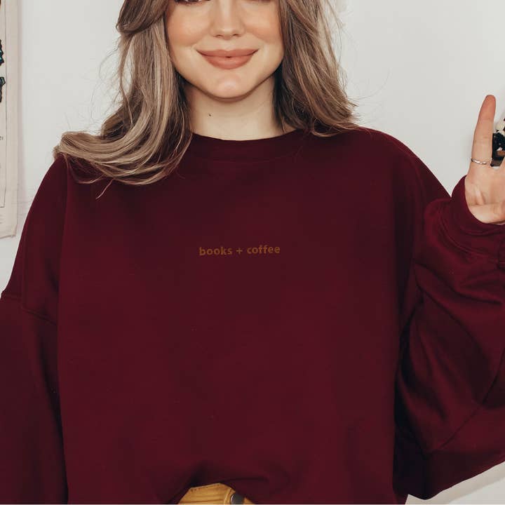 P E T I T R U E - Wholesale Sweatshirt - Women's - EMBROIDERED Books + Coffee Sweatshirt for Women Minimalist7