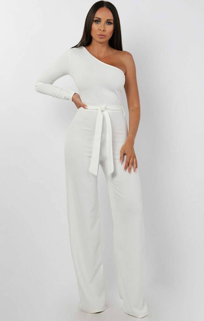 Femme Luxe – wholesale Jumpsuit – Women's – White Belted One Shoulder Jumpsuit - Evelyn1
