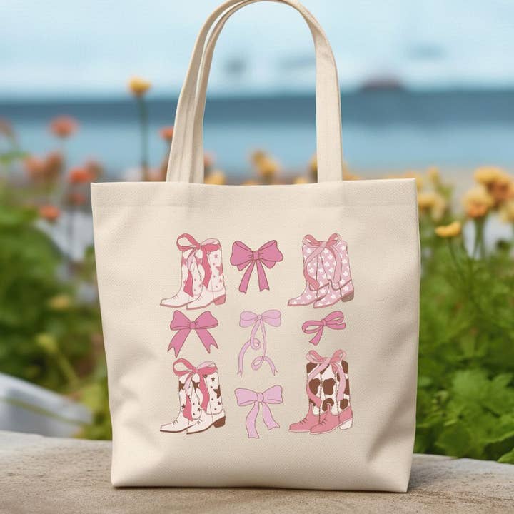 Sister Ray - Wholesale Tote Bag - Women's - Coquette Cowgirl Boots and Bows Canvas Tote Bag